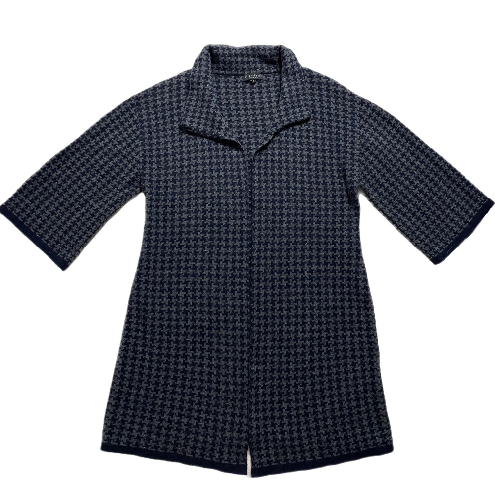 Chiara Mente Wool Blend Navy Grey Houndstooth Open Front Coatigan Sweater L